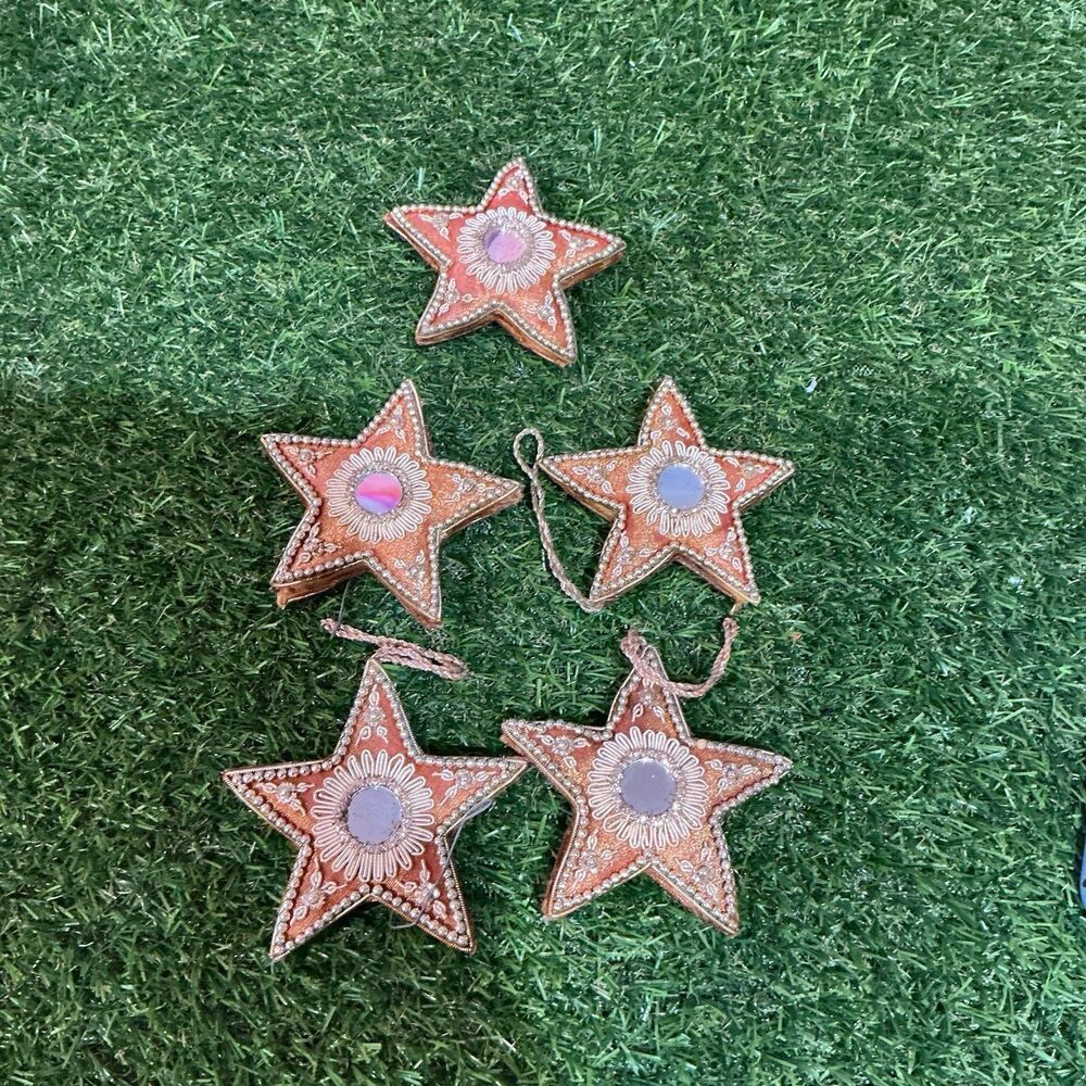 Lot of 5 Copper Star Christmas Ornaments Beaded Embroidered Mirror Centers 3.5”
